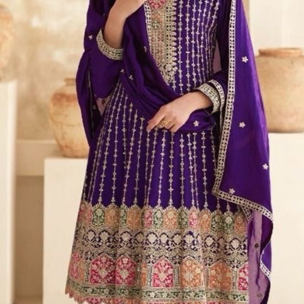 Woman salwar Chinnon Silk Party Wear  Embroidered Suit 44 XXl - Picture 6 of 12